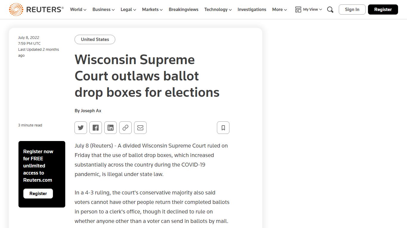 Wisconsin Supreme Court outlaws ballot drop boxes for elections
